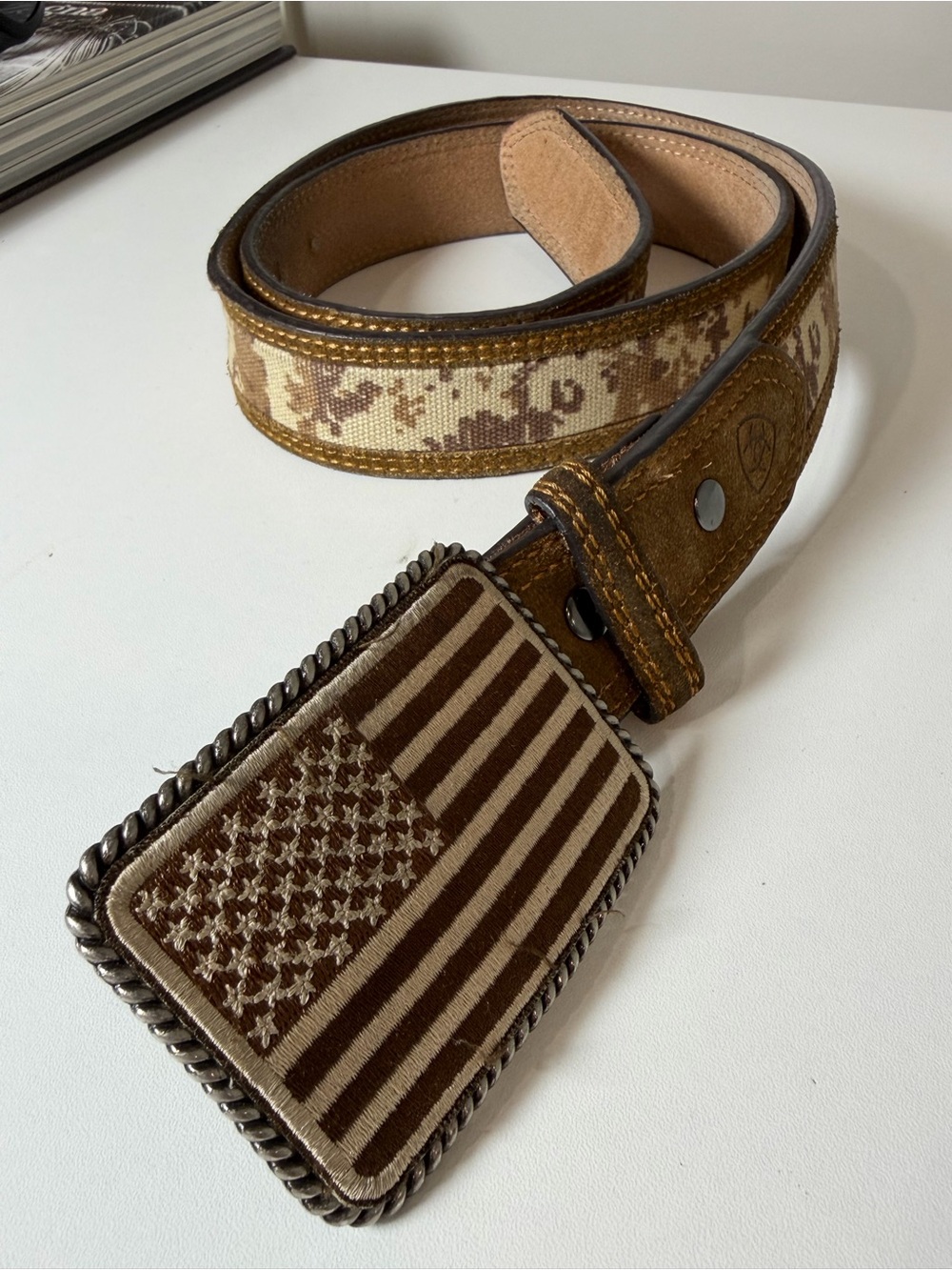Ariat Size 40 Brown Canvas & Genuine Leather Belt with American Flag Buckle WOW